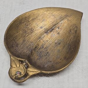 Vintage Vernon Gold Tone Metal Leaf Trinket Dish Crystal Accent Boho Chic